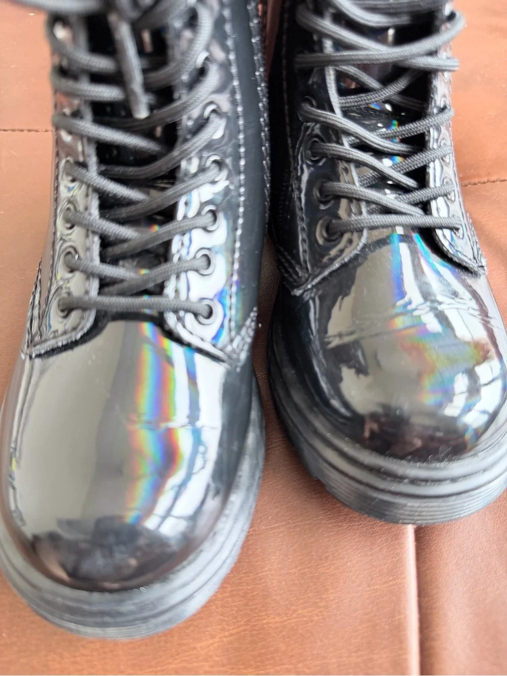 Doc Martens Black Patent Combat Boots with Back Loop